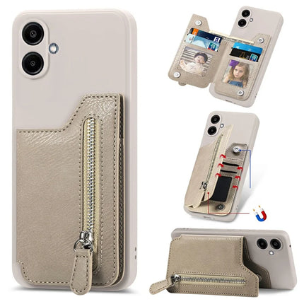 For Samsung Galaxy A06 Case PU Leather+TPU Phone Cover with Zipper Pocket Wallet - Beige