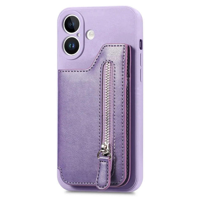 For iPhone 16 Plus Case PU Leather+TPU Phone Cover with Zipper Pocket Wallet - Purple