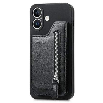 For iPhone 16 Plus Case PU Leather+TPU Phone Cover with Zipper Pocket Wallet - Black