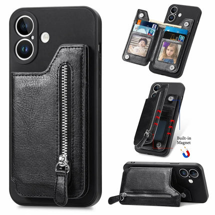 For iPhone 16 Plus Case PU Leather+TPU Phone Cover with Zipper Pocket Wallet