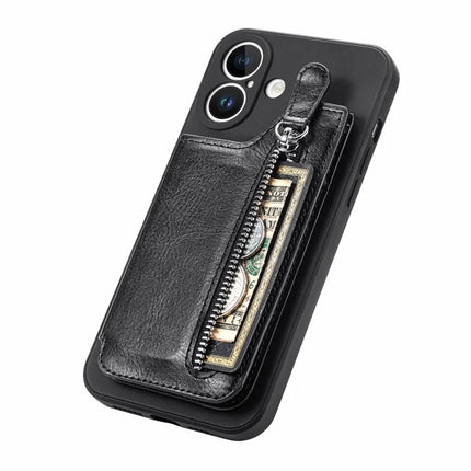 For iPhone 16 Plus Case PU Leather+TPU Phone Cover with Zipper Pocket Wallet
