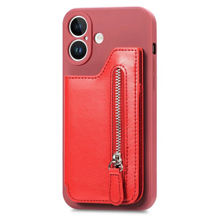 For iPhone 16 Plus Case PU Leather+TPU Phone Cover with Zipper Pocket Wallet - Red