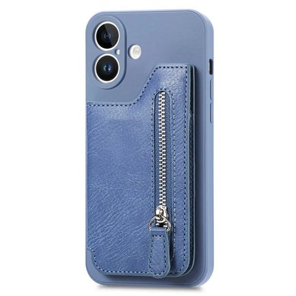 For iPhone 16 Plus Case PU Leather+TPU Phone Cover with Zipper Pocket Wallet - Blue