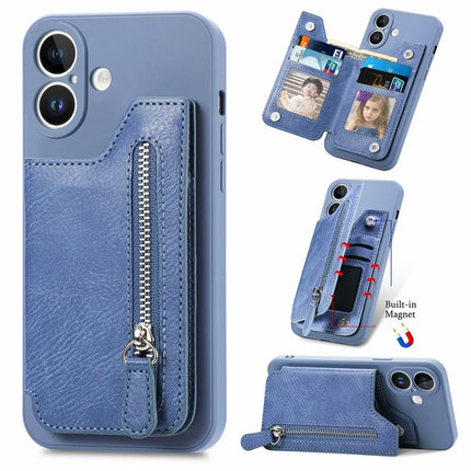 For iPhone 16 Plus Case PU Leather+TPU Phone Cover with Zipper Pocket Wallet