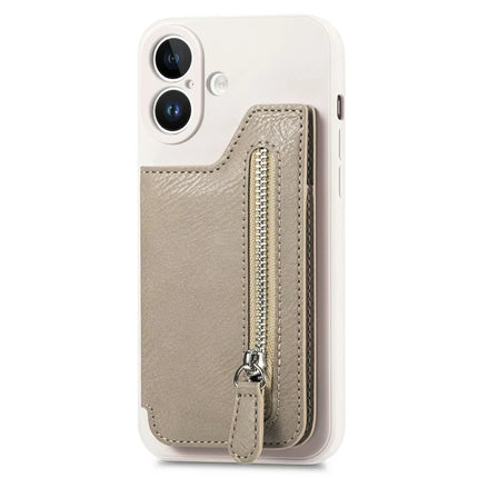 For iPhone 16 Plus Case PU Leather+TPU Phone Cover with Zipper Pocket Wallet - Beige