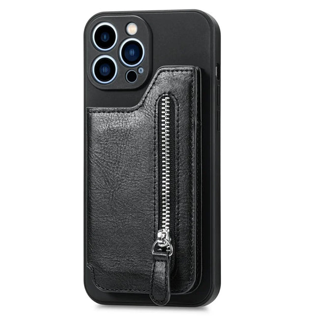 For iPhone 16 Pro Max Case PU Leather+TPU Phone Cover with Zipper Pocket Wallet - Black