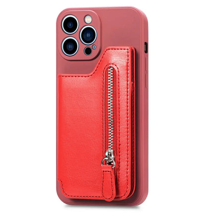 For iPhone 16 Pro Max Case PU Leather+TPU Phone Cover with Zipper Pocket Wallet - Red