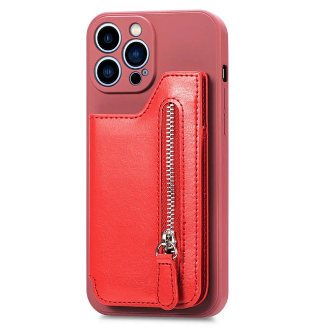 For iPhone 16 Pro Max Case PU Leather+TPU Phone Cover with Zipper Pocket Wallet - Red