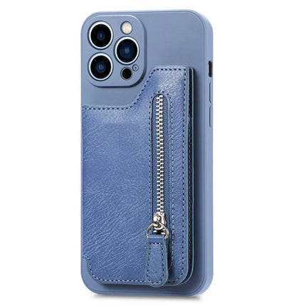 For iPhone 16 Pro Max Case PU Leather+TPU Phone Cover with Zipper Pocket Wallet - Blue
