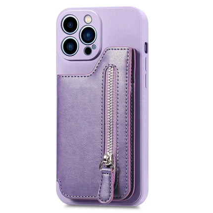 For iPhone 16 Pro Max Case PU Leather+TPU Phone Cover with Zipper Pocket Wallet - Purple
