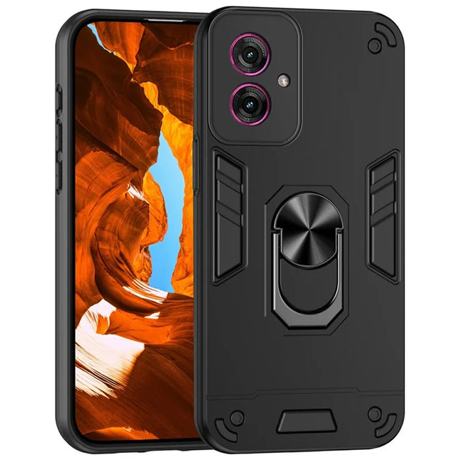 For Motorola Moto G55 5G Case PC+TPU Drop Defend Phone Cover with Ring Kickstand - Black