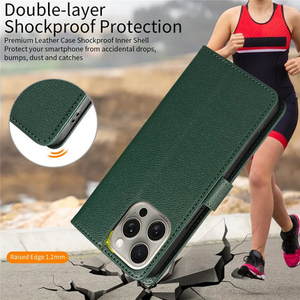 For iPhone 13 Pro Max Leather Case Litchi Texture RFID Blocking Wallet Stand Phone Cover