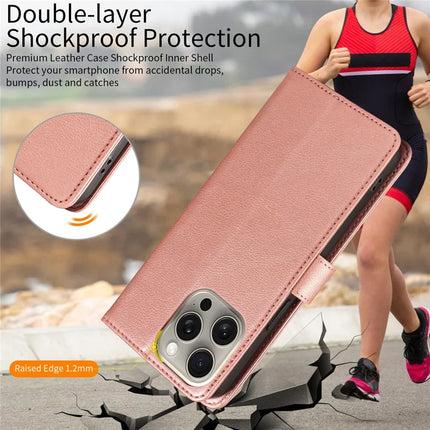 For iPhone 13 Pro Max Leather Case Litchi Texture RFID Blocking Wallet Stand Phone Cover