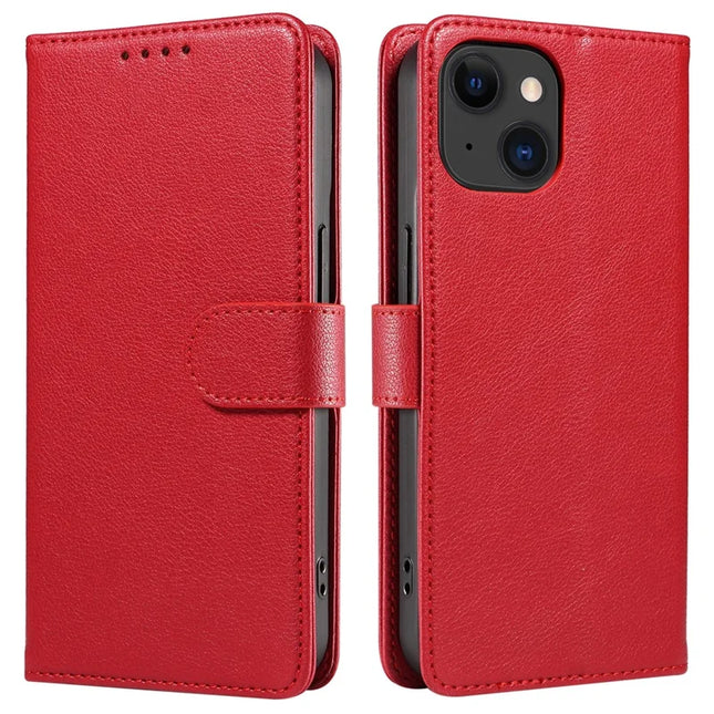For iPhone 14 Leather Case Litchi Texture RFID Blocking Wallet Stand Phone Cover - Wine Red