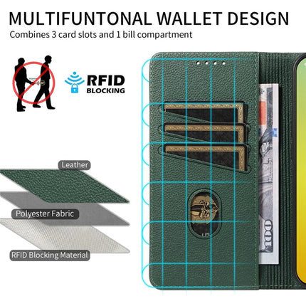 For iPhone 14 Leather Case Litchi Texture RFID Blocking Wallet Stand Phone Cover