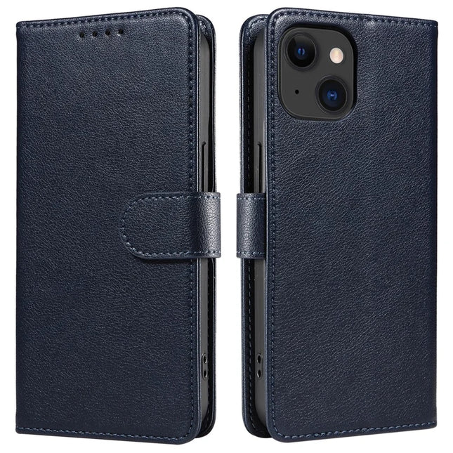 For iPhone 13 Leather Case Litchi Texture RFID Blocking Wallet Stand Phone Cover - Blue