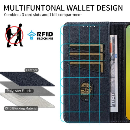 For iPhone 13 Leather Case Litchi Texture RFID Blocking Wallet Stand Phone Cover