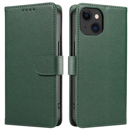 For iPhone 13 Leather Case Litchi Texture RFID Blocking Wallet Stand Phone Cover - Green