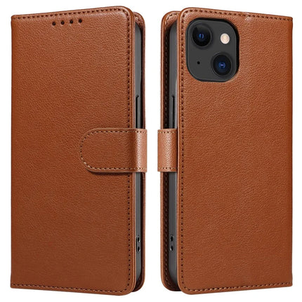 For iPhone 13 Leather Case Litchi Texture RFID Blocking Wallet Stand Phone Cover - Brown