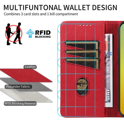 For iPhone 13 Leather Case Litchi Texture RFID Blocking Wallet Stand Phone Cover