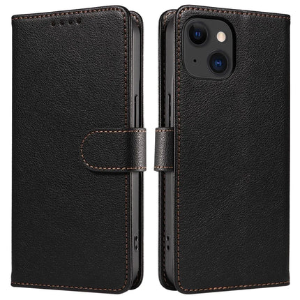 For iPhone 13 Leather Case Litchi Texture RFID Blocking Wallet Stand Phone Cover - Black