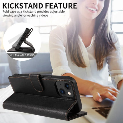 For iPhone 13 Leather Case Litchi Texture RFID Blocking Wallet Stand Phone Cover