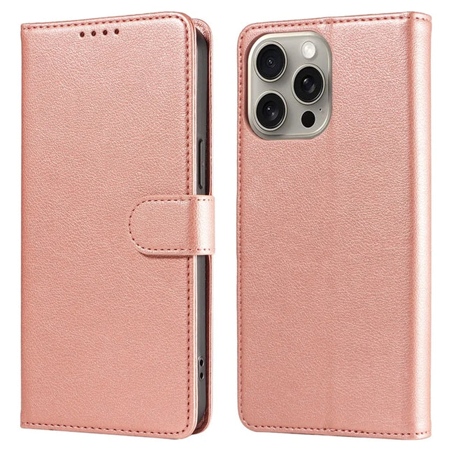 For iPhone 16 Pro Max Leather Case Litchi Texture RFID Blocking Wallet Stand Phone Cover - Rose Gold