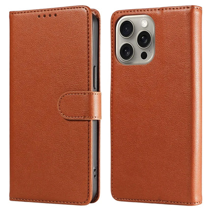For iPhone 16 Pro Max Leather Case Litchi Texture RFID Blocking Wallet Stand Phone Cover - Brown