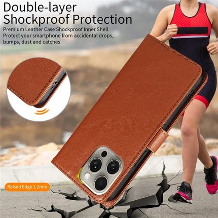 For iPhone 16 Pro Max Leather Case Litchi Texture RFID Blocking Wallet Stand Phone Cover