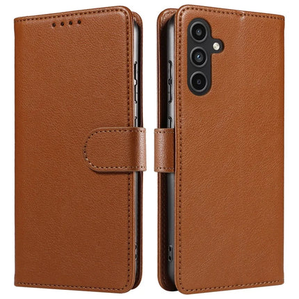 For Samsung Galaxy S23 FE Leather Case Litchi Texture RFID Blocking Wallet Stand Phone Cover - Brown