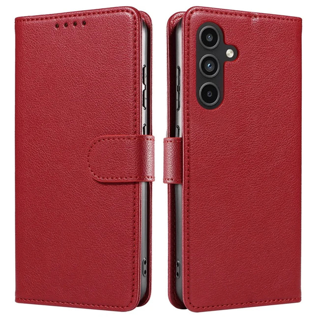 For Samsung Galaxy S23 FE Leather Case Litchi Texture RFID Blocking Wallet Stand Phone Cover - Wine Red