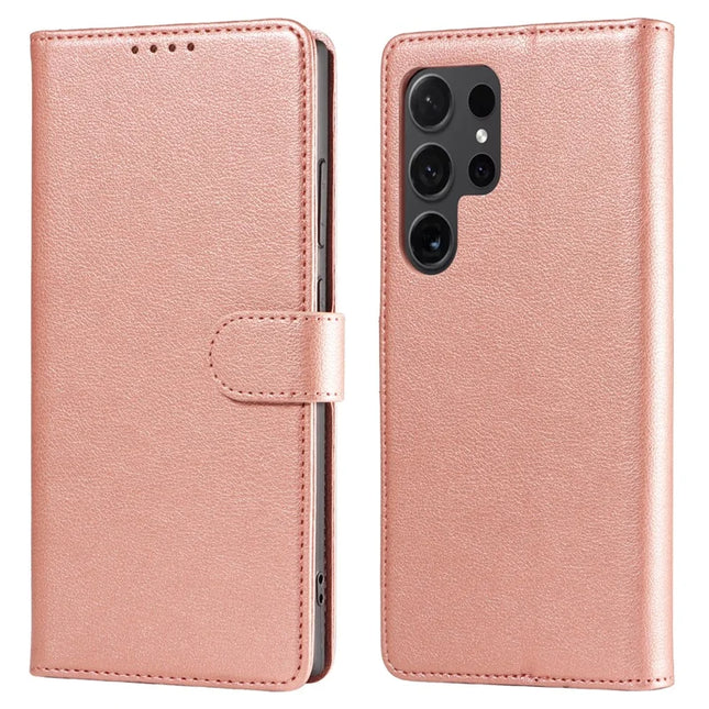 For Samsung Galaxy S23 Ultra Leather Case Litchi Texture RFID Blocking Wallet Stand Phone Cover - Rose Gold