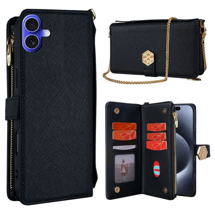 For iPhone 16 Plus Case Cross Texture PU Leather+TPU Wallet Phone Cover with Strap - Black