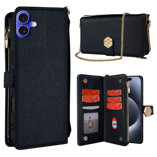 For iPhone 16 Plus Case Cross Texture PU Leather+TPU Wallet Phone Cover with Strap - Black