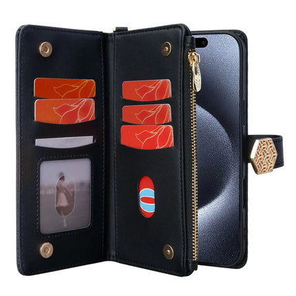 For iPhone 16 Plus Case Cross Texture PU Leather+TPU Wallet Phone Cover with Strap