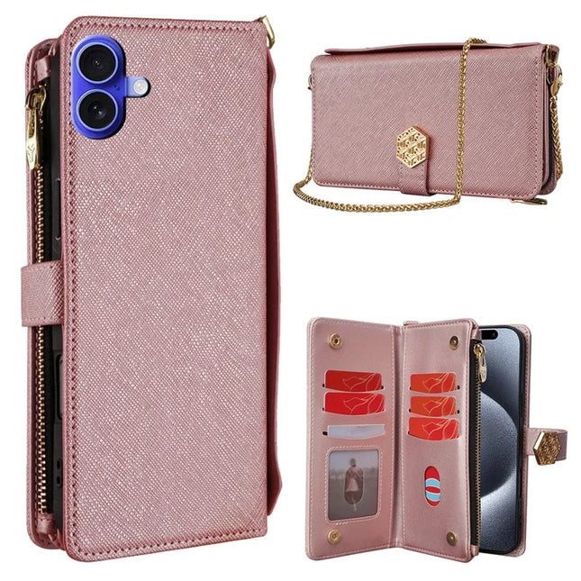 For iPhone 16 Plus Case Cross Texture PU Leather+TPU Wallet Phone Cover with Strap - Rose Gold