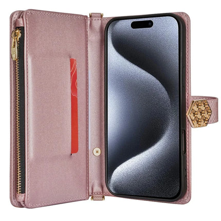 For iPhone 16 Plus Case Cross Texture PU Leather+TPU Wallet Phone Cover with Strap