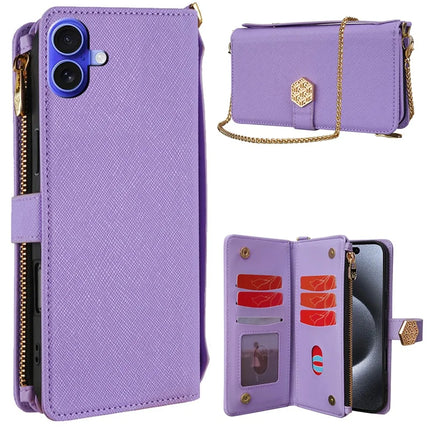 For iPhone 16 Plus Case Cross Texture PU Leather+TPU Wallet Phone Cover with Strap - Purple
