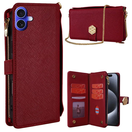 For iPhone 16 Plus Case Cross Texture PU Leather+TPU Wallet Phone Cover with Strap - Red