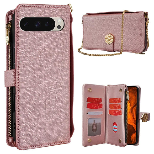 For Google Pixel 9 / 9 Pro Case Cross Texture PU Leather+TPU Wallet Phone Cover with Strap - Rose Gold