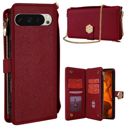 For Google Pixel 9 / 9 Pro Case Cross Texture PU Leather+TPU Wallet Phone Cover with Strap - Red