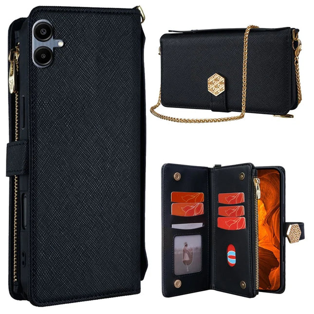 For Samsung Galaxy A06 Case Cross Texture PU Leather+TPU Wallet Phone Cover with Strap - Black