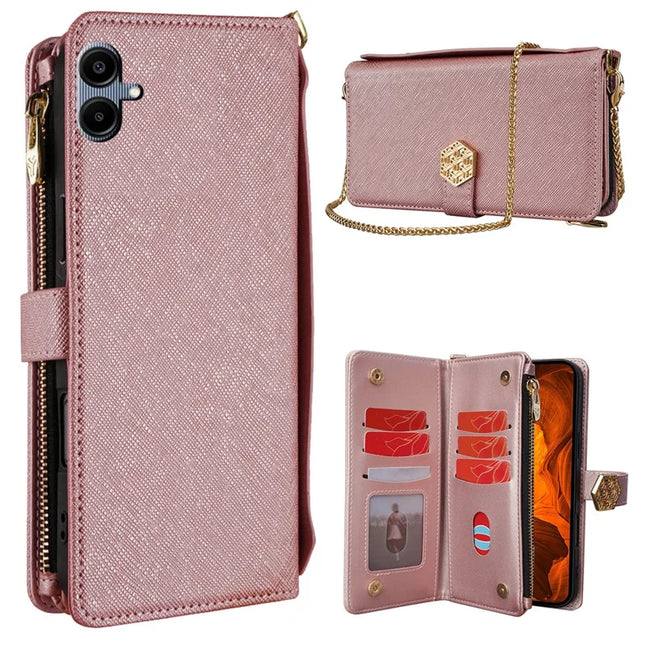 For Samsung Galaxy A05 4G Case Cross Texture PU Leather+TPU Wallet Phone Cover with Strap - Rose Gold