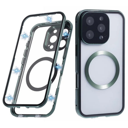 For iPhone 16 Pro Max Case Double Sides Tempered Glass Phone Cover Compatible with MagSafe Full Protector - Green