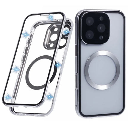 For iPhone 16 Pro Max Case Double Sides Tempered Glass Phone Cover Compatible with MagSafe Full Protector - Silver