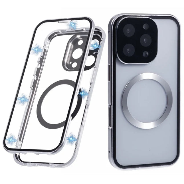 For iPhone 16 Pro Max Case Double Sides Tempered Glass Phone Cover Compatible with MagSafe Full Protector - Silver