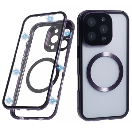 For iPhone 16 Pro Max Case Double Sides Tempered Glass Phone Cover Compatible with MagSafe Full Protector - Purple