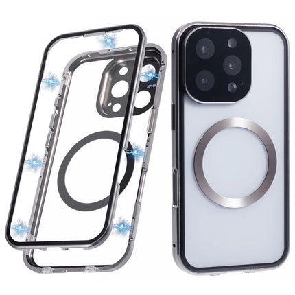 For iPhone 16 Pro Max Case Double Sides Tempered Glass Phone Cover Compatible with MagSafe Full Protector - Titanium Grey