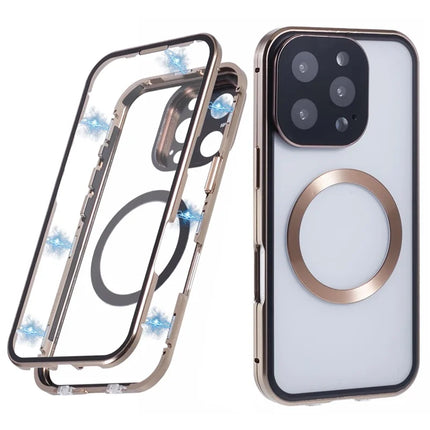 For iPhone 16 Pro Max Case Double Sides Tempered Glass Phone Cover Compatible with MagSafe Full Protector - Gold