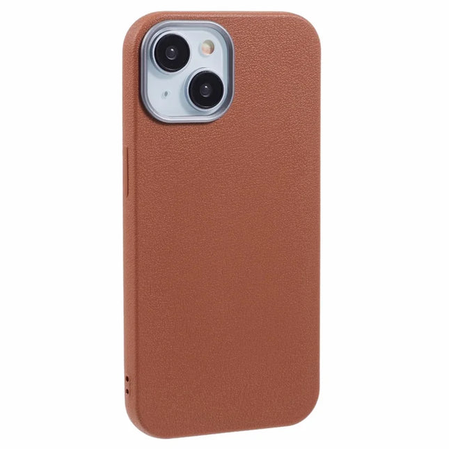 For iPhone 13 Case Electroplating Lens Frame Textured TPU Shockproof Phone Cover - Brown